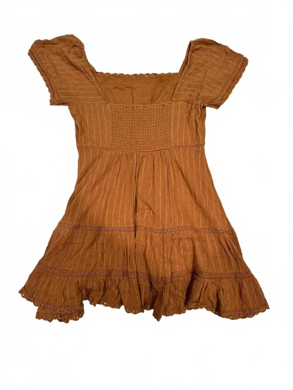 American Eagle Brown Cottagecore Lace Mini Dress Tiered Boho Large - Picture 4 of 9